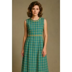 Vintage Sarah Elizabeth Dress 10 Teal  Plaid Rayon Sleeveless Midi Embroidered